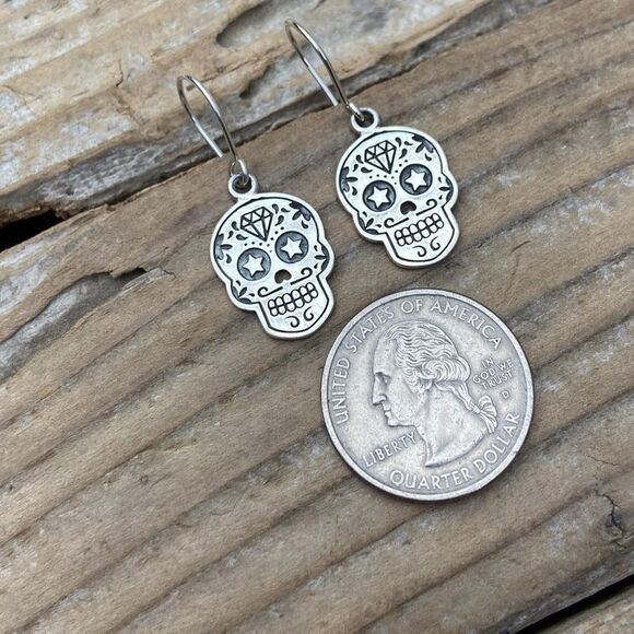 925 Sterling Silver Halloween Sugar Skull Earrings Day of the Dead Dangle NEW - Picture 9 of 9